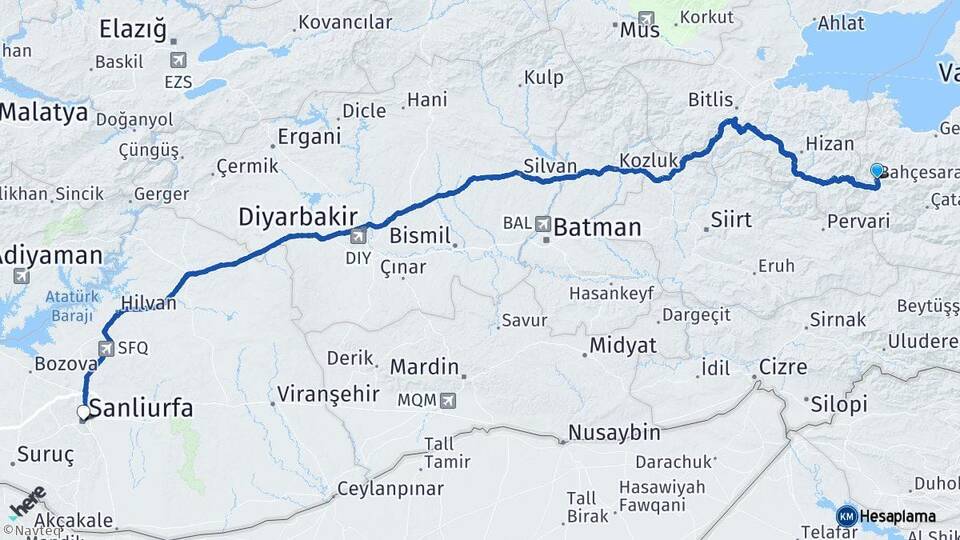 Van Bahçesaray Şanlıurfa Arası Kaç Km - Yol Haritası