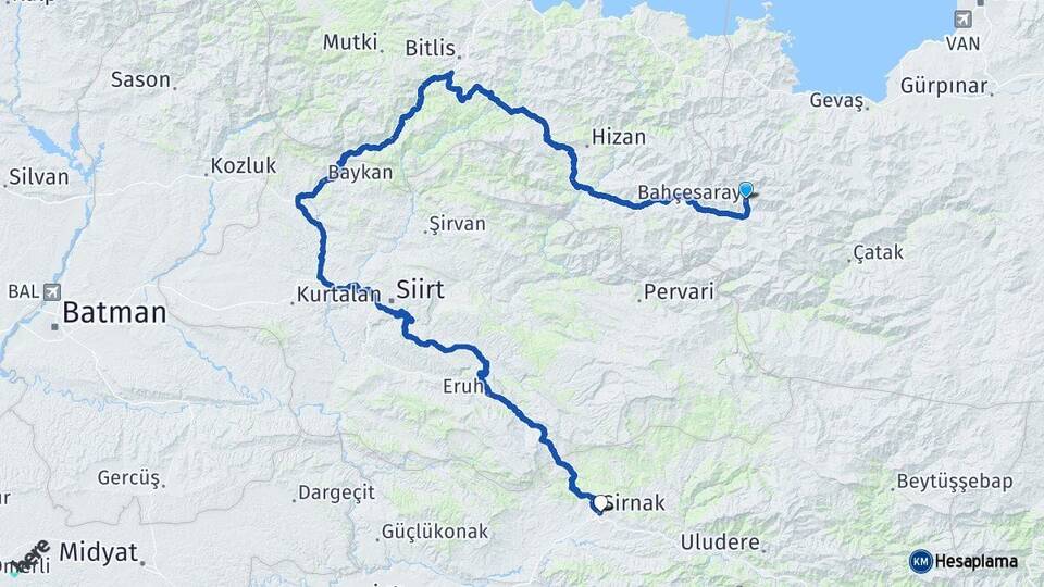 Van Bahçesaray Şırnak Arası Kaç Km - Yol Haritası