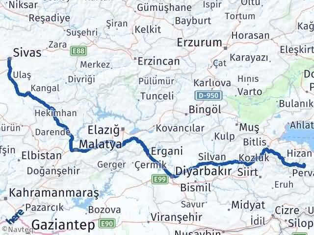 Van Bahçesaray Sivas Arası Kaç Km - Yol Haritası