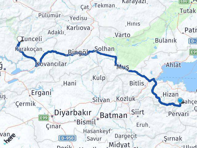 Van Bahçesaray Tunceli Arası Kaç Km - Yol Haritası