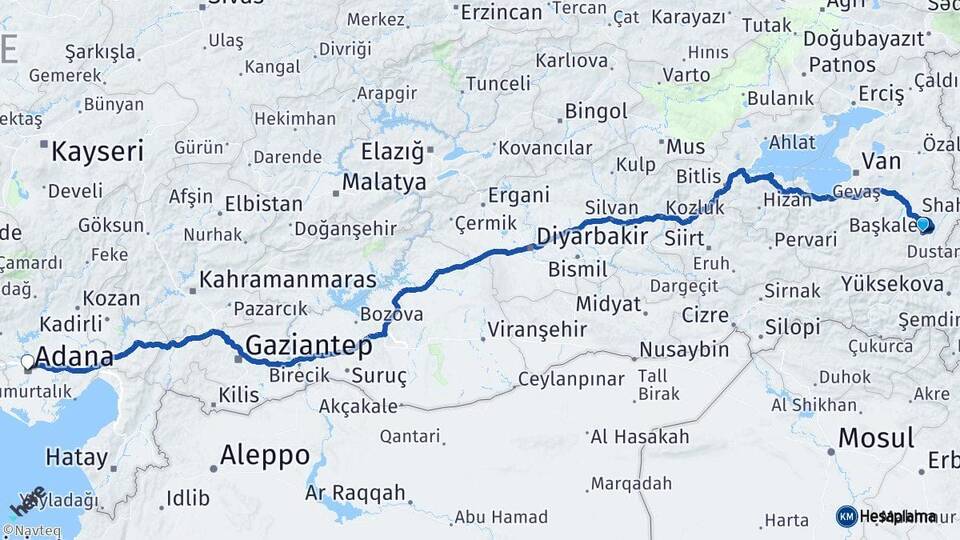 Van Başkale Adana Arası Kaç Km - Yol Haritası