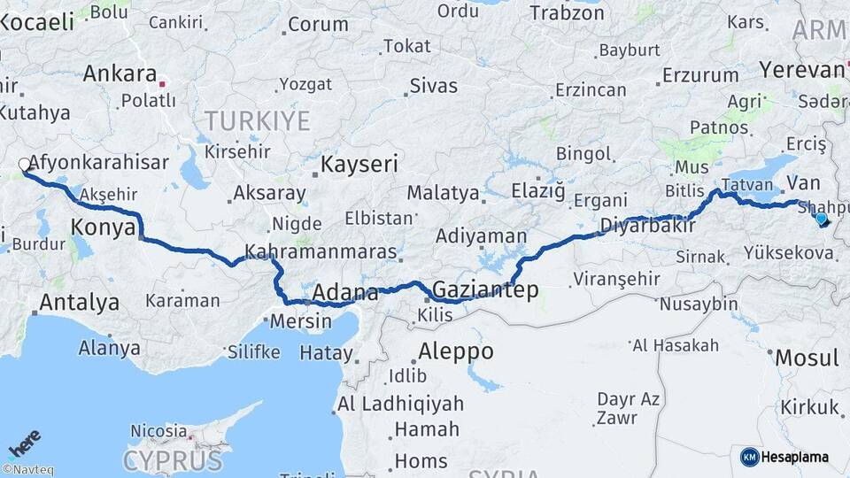 Van Başkale Afyonkarahisar Arası Kaç Km - Yol Haritası