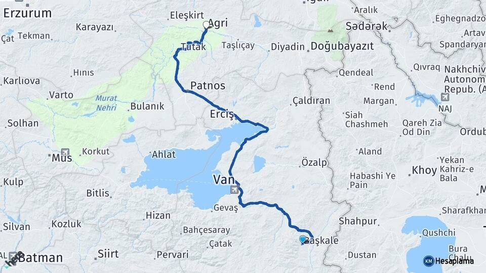 Van Başkale Ağrı Arası Kaç Km - Yol Haritası
