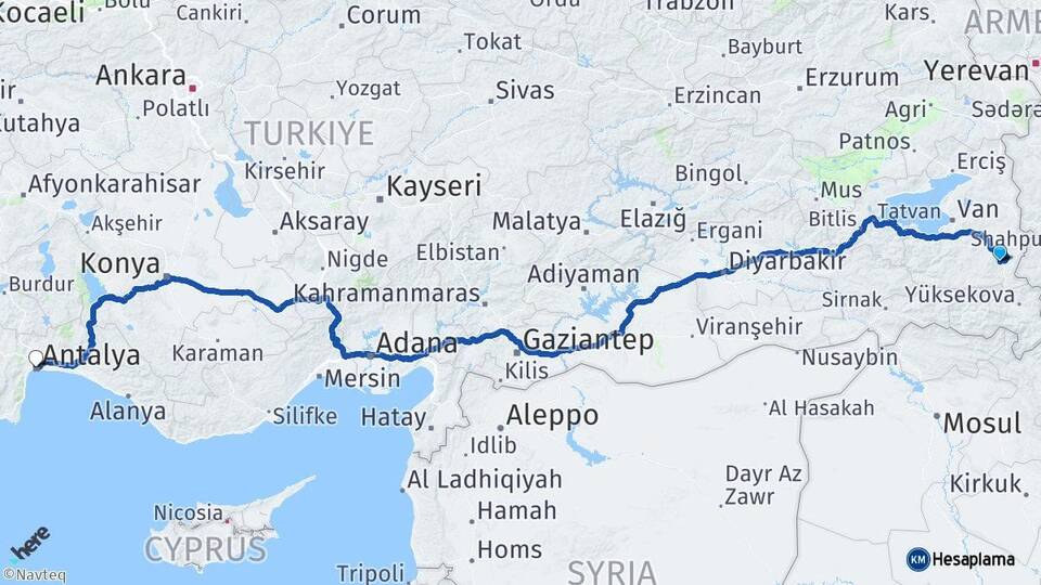 Van Başkale Antalya Arası Kaç Km - Yol Haritası
