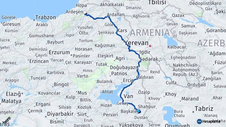 Van Başkale Artvin Arası Kaç Km - Yol Haritası