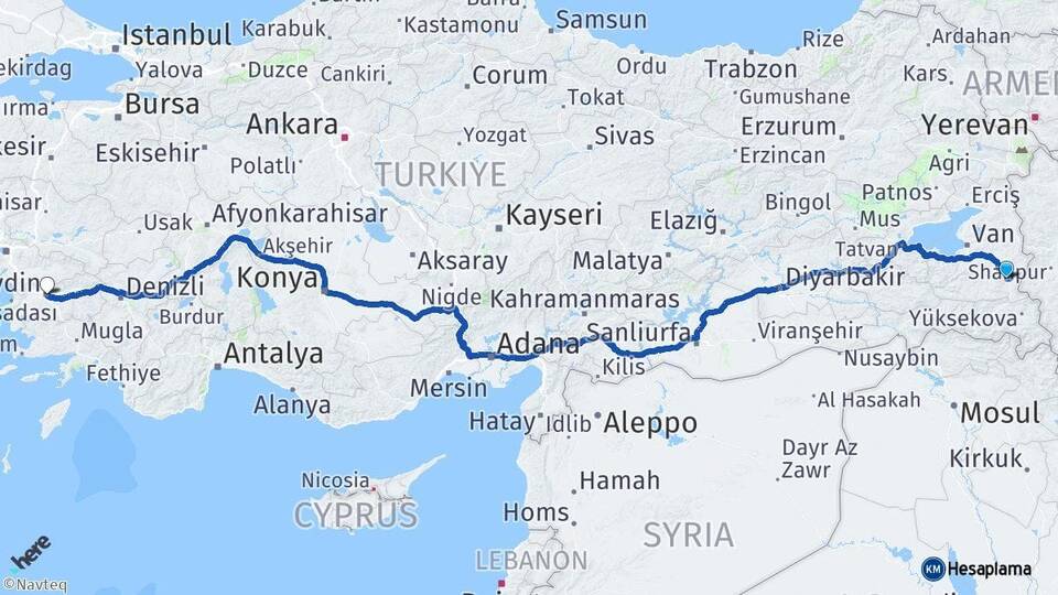 Van Başkale Aydın Arası Kaç Km - Yol Haritası