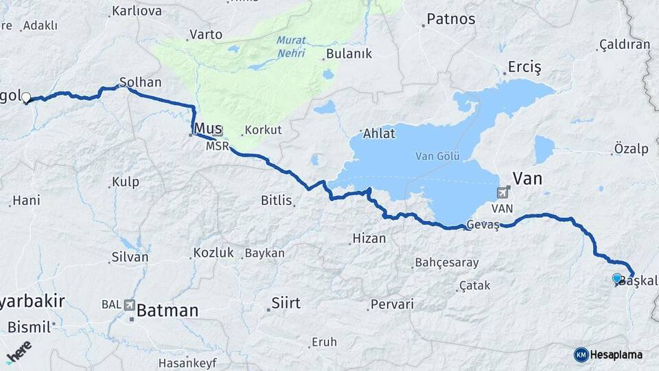 Van Başkale Bingöl Arası Kaç Km - Yol Haritası