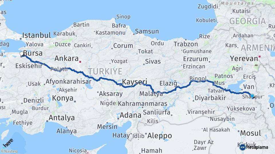 Van Başkale Bursa Arası Kaç Km - Yol Haritası