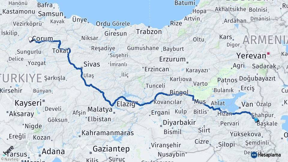 Van Başkale Çorum Arası Kaç Km - Yol Haritası