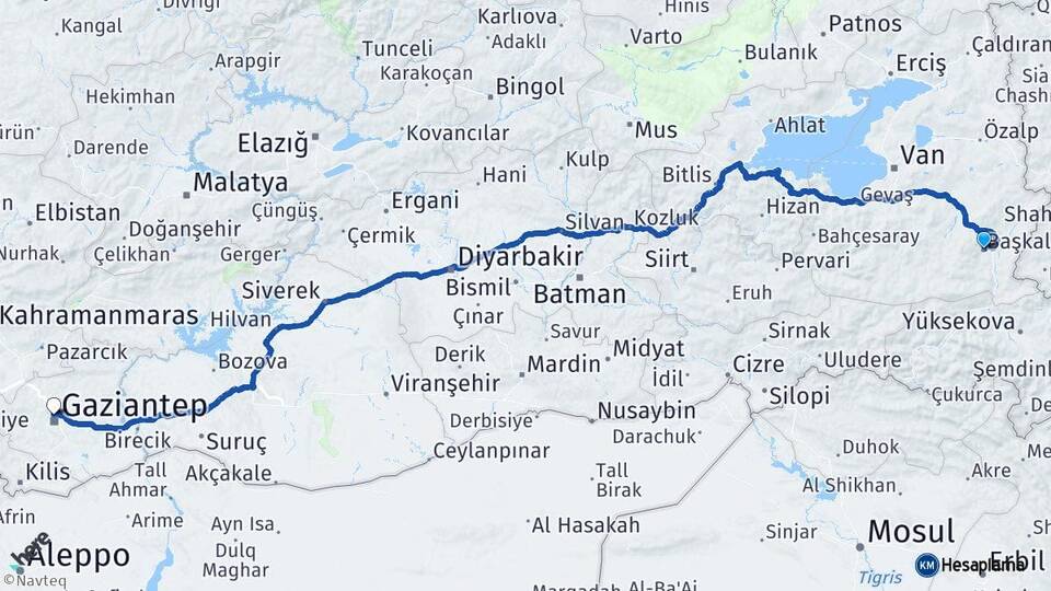 Van Başkale Gaziantep Arası Kaç Km - Yol Haritası