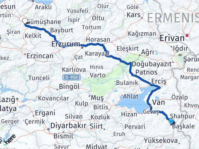 Van Başkale Gümüşhane Arası Kaç Km - Yol Haritası