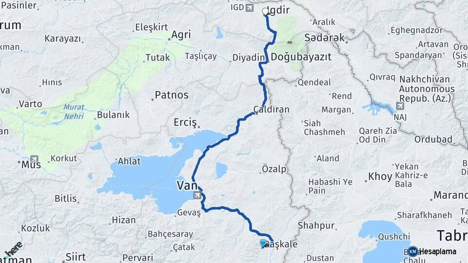 Van Başkale Iğdır Arası Kaç Km - Yol Haritası