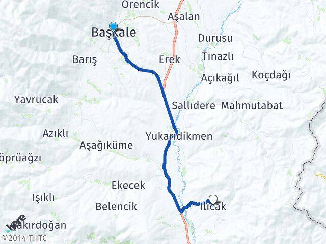 Van Başkale Ilıcak Başkale Arası Kaç Km - Yol Haritası