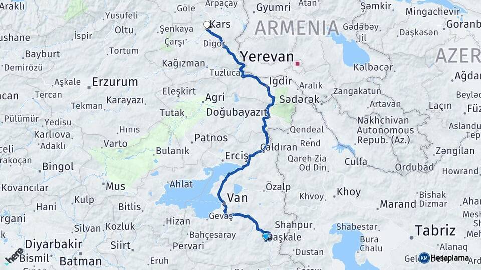 Van Başkale Kars Arası Kaç Km - Yol Haritası