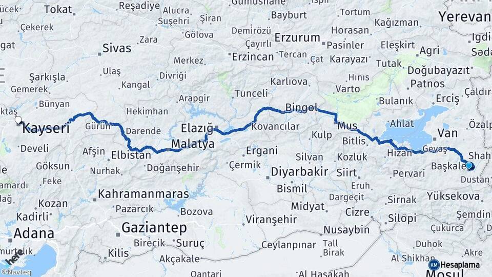Van Başkale Kayseri Arası Kaç Km - Yol Haritası