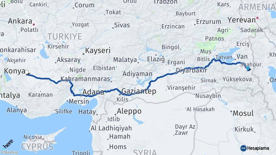 Van Başkale Konya Arası Kaç Km - Yol Haritası