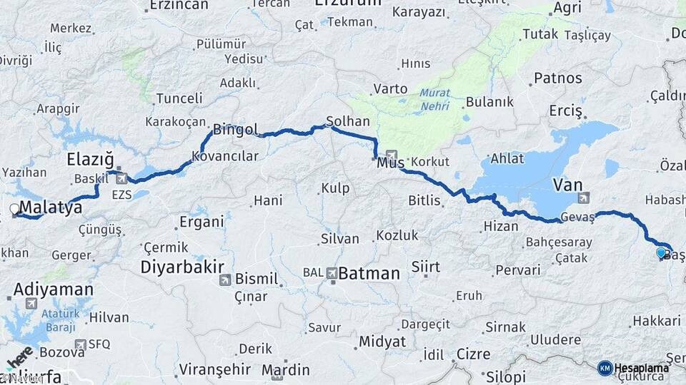 Van Başkale Malatya Arası Kaç Km - Yol Haritası