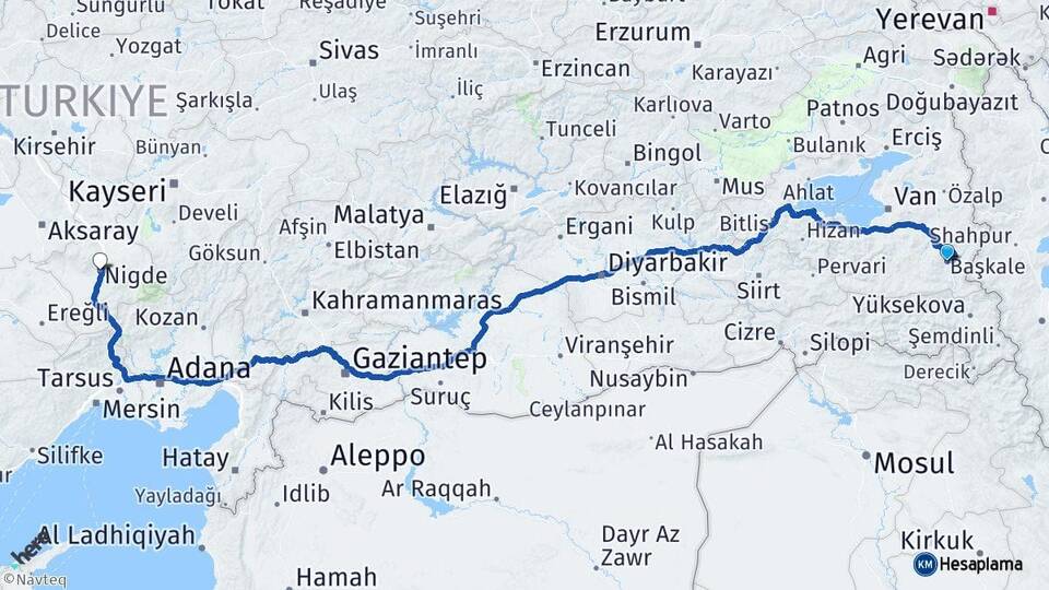 Van Başkale Niğde Arası Kaç Km - Yol Haritası