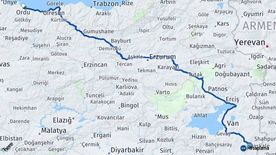 Van Başkale Ordu Arası Kaç Km - Yol Haritası