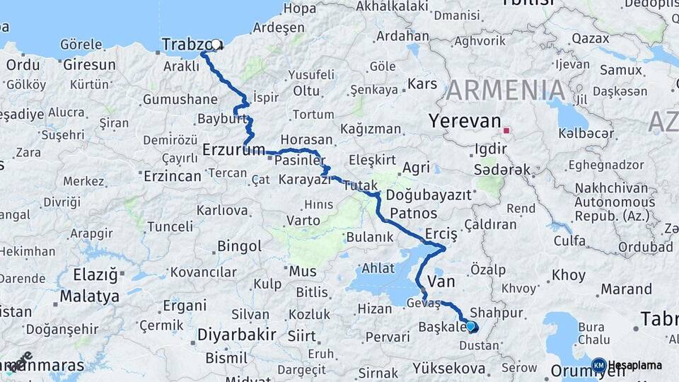 Van Başkale Rize Arası Kaç Km - Yol Haritası