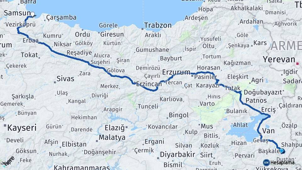 Van Başkale Samsun Arası Kaç Km - Yol Haritası