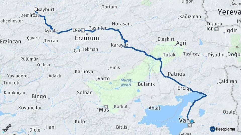 Van Bayburt Arası Kaç Km - Yol Haritası