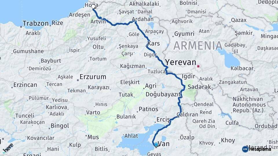 Van Borçka Artvin Arası Kaç Km - Yol Haritası