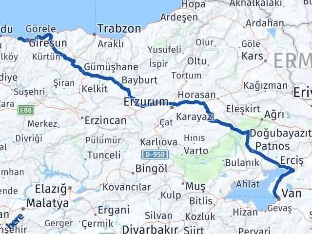 Van Bulancak Giresun Arası Kaç Km - Yol Haritası
