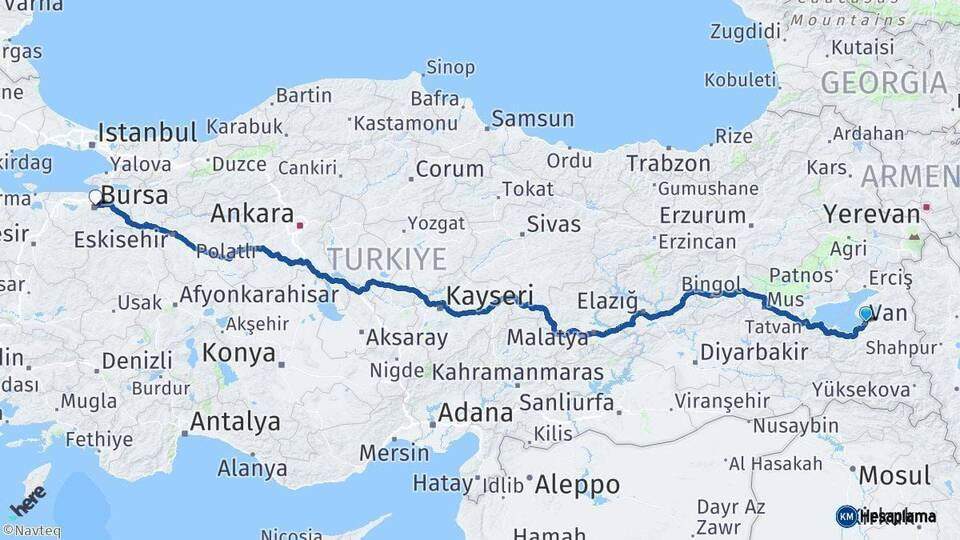 Van Bursa Arası Kaç Km - Yol Haritası
