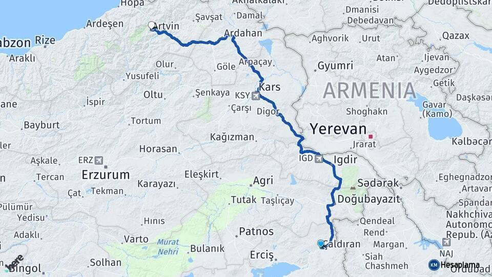 Van Çaldıran Artvin Arası Kaç Km - Yol Haritası
