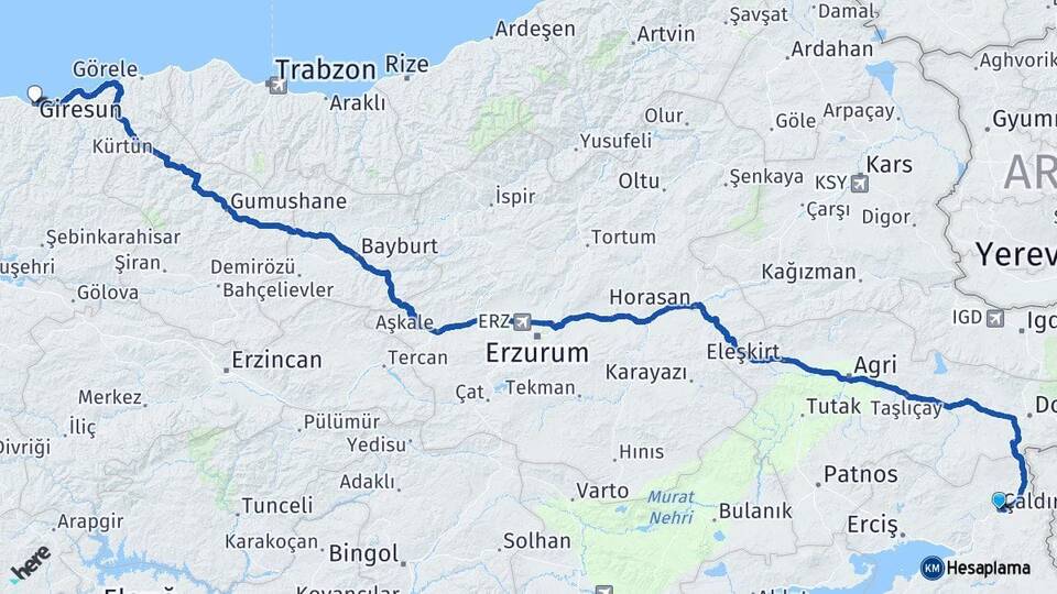 Van Çaldıran Giresun Arası Kaç Km - Yol Haritası