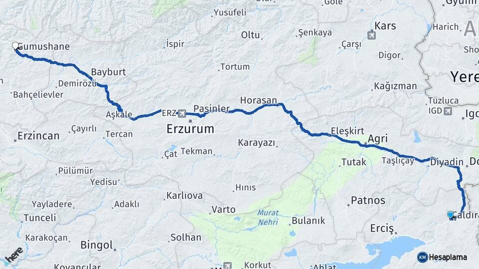 Van Çaldıran Gümüşhane Arası Kaç Km - Yol Haritası