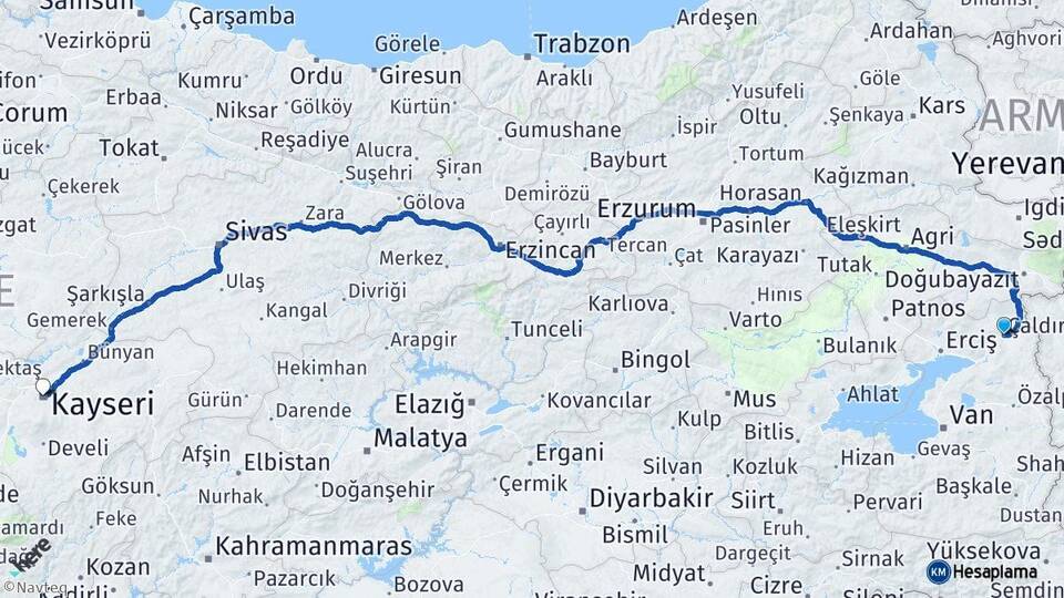 Van Çaldıran Kayseri Arası Kaç Km - Yol Haritası
