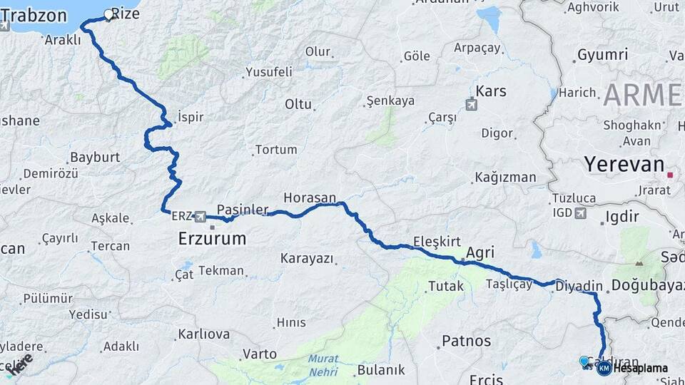Van Çaldıran Rize Arası Kaç Km - Yol Haritası