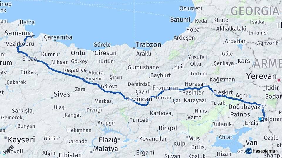 Van Çaldıran Samsun Arası Kaç Km - Yol Haritası