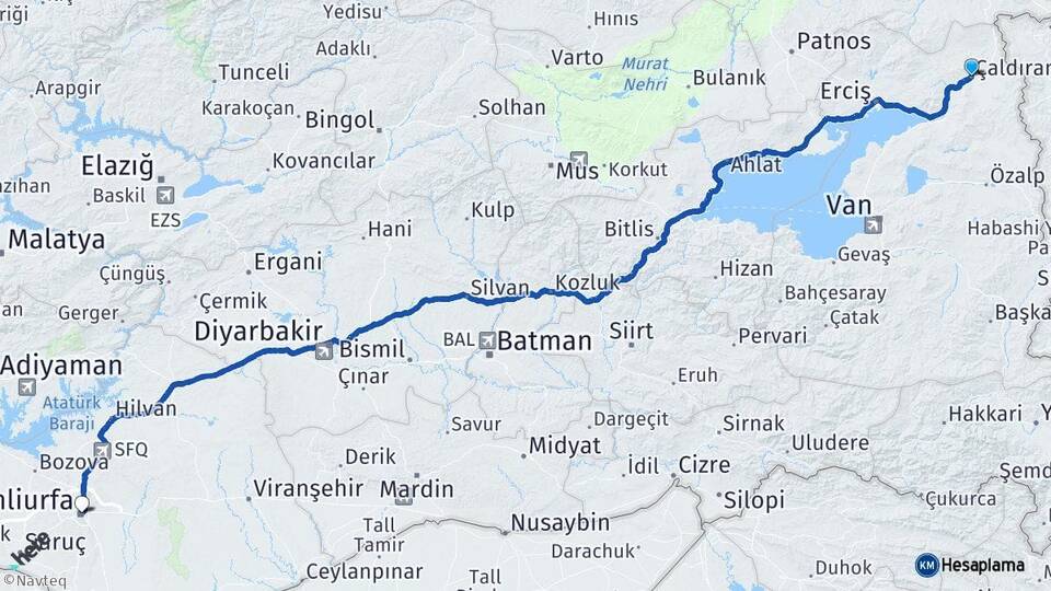 Van Çaldıran Şanlıurfa Arası Kaç Km - Yol Haritası