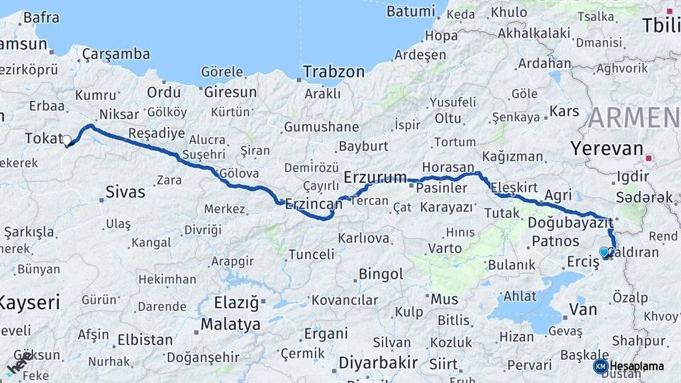 Van Çaldıran Tokat Arası Kaç Km - Yol Haritası
