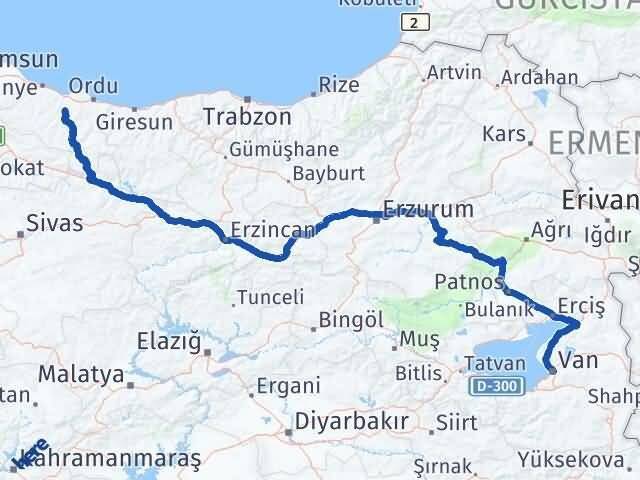 Van Çamaş Ordu Arası Kaç Km - Yol Haritası