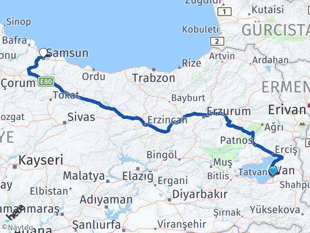 Van Canik Samsun Arası Kaç Km - Yol Haritası