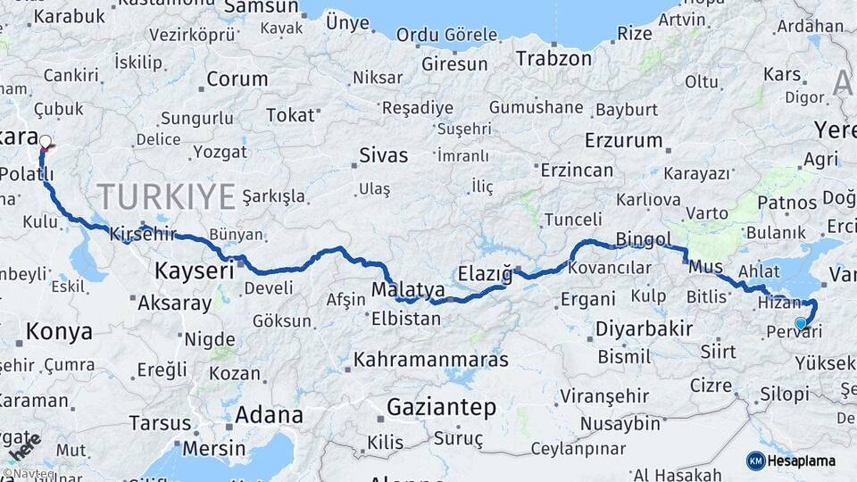 Van Çatak Ankara Arası Kaç Km - Yol Haritası