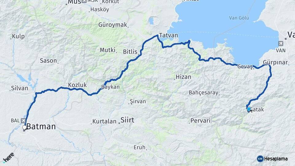 Van Çatak Batman Arası Kaç Km - Yol Haritası