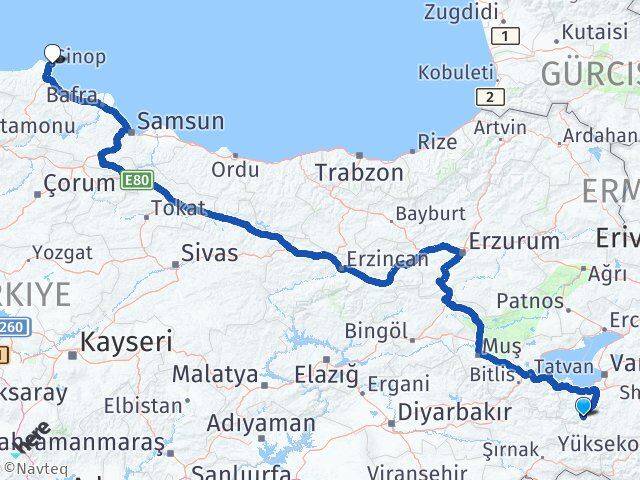 Van Çatak Sinop Arası Kaç Km - Yol Haritası