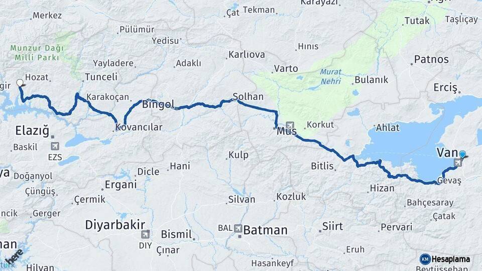 Van Çemişgezek Tunceli Arası Kaç Km - Yol Haritası