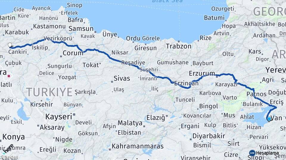 Van Çerkeş Çankırı Arası Kaç Km - Yol Haritası