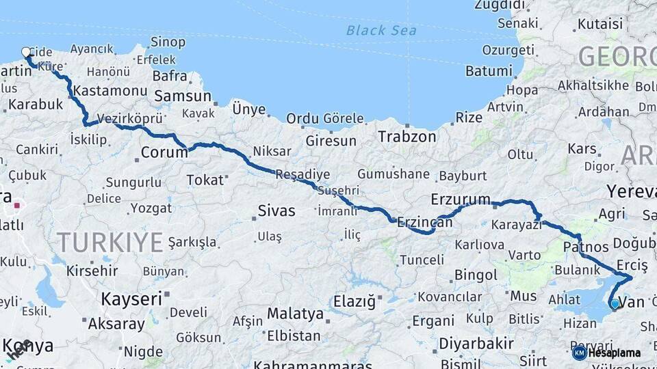 Van Cide Kastamonu Arası Kaç Km - Yol Haritası
