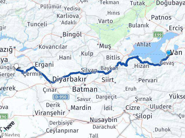 Van Çüngüş Diyarbakır Arası Kaç Km - Yol Haritası