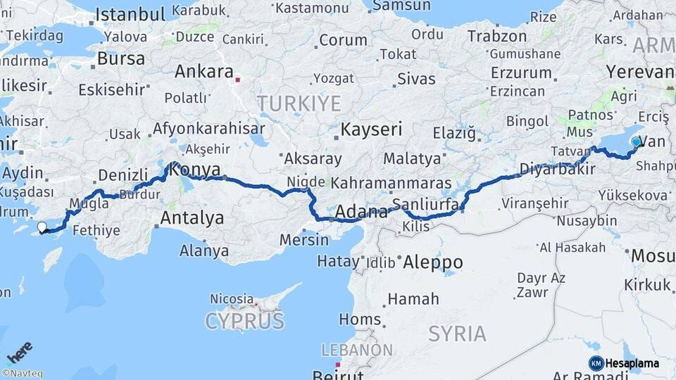Van Datça Muğla Arası Kaç Km - Yol Haritası