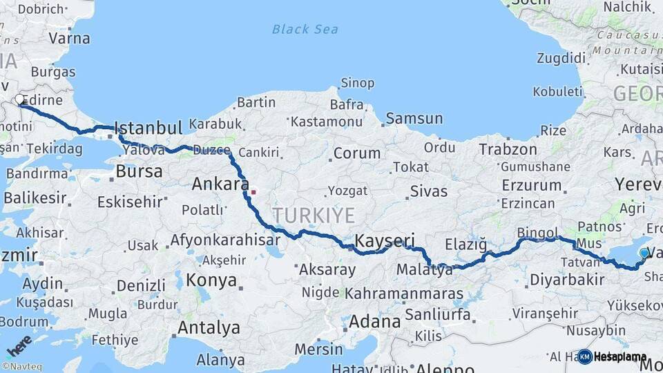 Van Edirne Arası Kaç Km - Yol Haritası