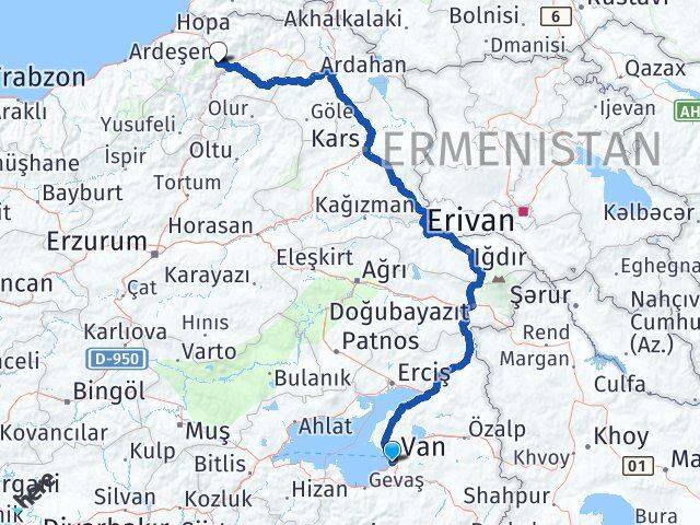 Van Edremit Artvin Arası Kaç Km - Yol Haritası