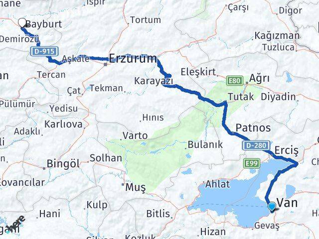 Van Edremit Bayburt Arası Kaç Km - Yol Haritası